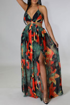 Black Fashion Sexy Tropical Print Backless Thigh Split Halter Sling Maxi Dress