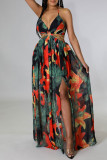 Couleur claire Fashion Sexy Print Backless Slit Halter Sling Dress