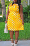 Yellow Fashion Casual Plus Size Dot Print With Bow O Neck Sleeveless Dress