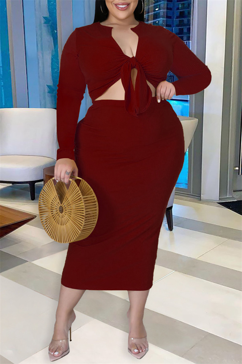

Red Sexy Casual Solid Bandage V Neck Plus Size Two Pieces