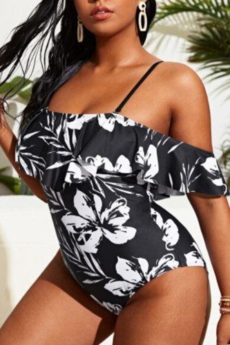 Black Fashion Sexy Print Backless Off the Shoulder Plus Size Swimwear