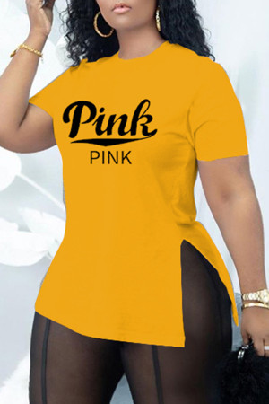 Gele mode casual T-shirts met spleet O-hals met letterprint
