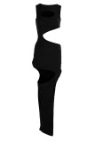 タンジェリンレッドセクシーなソリッドくり抜きパッチワーク非対称Oネックペンシルスカートドレス