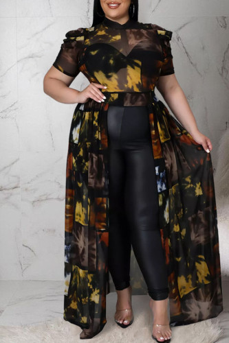 Black Sexy Print Split Joint See-through Asymmetrical Mandarin Collar Straight Plus Size Dresses