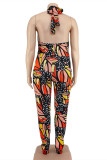 Red Fashion Sexy Print Hollowed Out Backless Halter Plus Size Jumpsuits