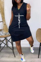 Schwarzes, modisches, lässiges, bedrucktes Weste-Kleid mit V-Ausschnitt
