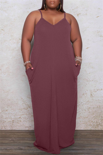 Brown Sexy Casual Plus Size Solid Backless Spaghetti Strap Long Dress