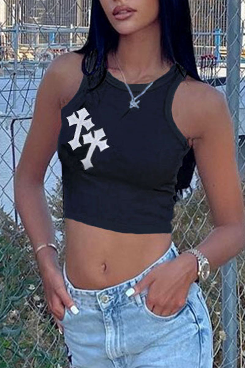Black Casual Solid Split Joint Appliques O Neck Tops