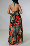 Black Fashion Sexy Tropical Print Backless Thigh Split Halter Sling Maxi Dress