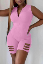 Pink Sexy Casual Solid Ripped Zipper Collar Skinny Romper