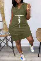 Army Green Fashion Casual Print Pocket V-Ausschnitt Weste Kleid