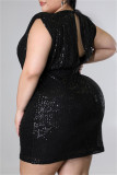 Black Fashion Sexy Plus Size Patchwork Sequins Backless V Neck Sleeveless Dress