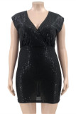 Schwarze Mode Sexy Plus Size Patchwork Pailletten rückenfreies ärmelloses Kleid mit V-Ausschnitt