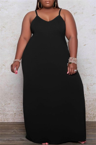 Black Sexy Casual Plus Size Solid Backless Spaghetti Strap Long Dress