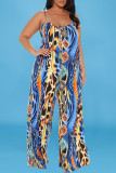 Macacão azul fashion com estampa sexy sem costas com alça de espaguete tamanho grande