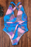 Blauwe Mode Sexy Print Backless Cross Bandjes Swimwears
