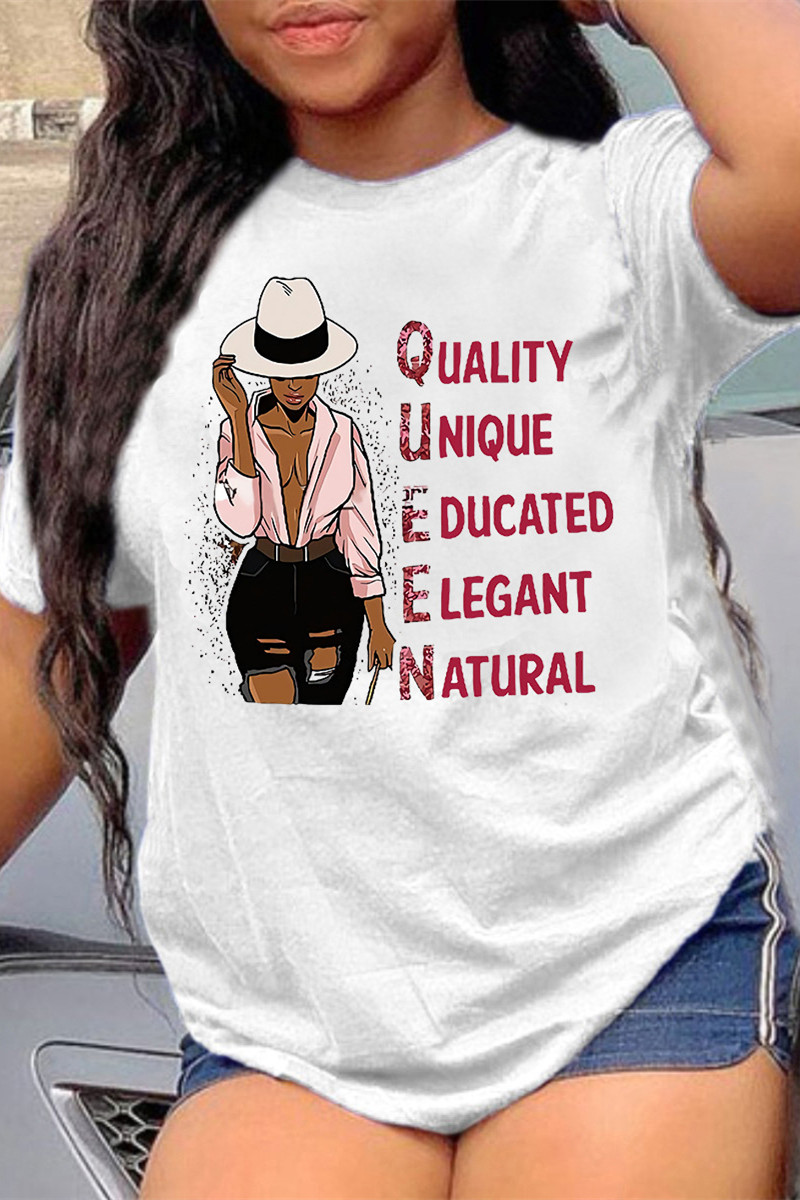 

White Pink Fashion Casual Print Basic O Neck T-Shirts