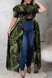 Grün Sexy Print Patchwork Durchsichtige Asymmetrische Stehkragen Gerade Kleider in Übergröße
