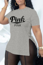 Grijze mode casual T-shirts met spleet O-hals met letterprint
