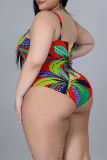 Rot Mode Sexy Print Backless Spaghetti Strap Plus Size Bademode (Ohne Polsterung)
