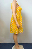 Gelber, modischer, lässiger Punktdruck in Übergröße mit ärmellosem Kleid mit Schleife und O-Ausschnitt
