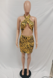 Yellow Casual Print Patchwork Halter Pencil Skirt Dresses