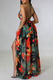 Light Color Fashion Sexy Tropical Print Backless Thigh Split Halter Sling Maxi Dress