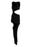 Schwarze, sexy, solide, ausgehöhlte Patchwork-Kleider mit asymmetrischem Bleistiftrock und O-Ausschnitt