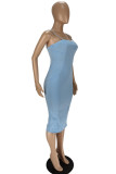 ブルーファッションセクシーなソリッドパッチワークバックレススパゲッティストラップペンシルスカートドレス