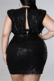 Schwarze Mode Sexy Plus Size Patchwork Pailletten rückenfreies ärmelloses Kleid mit V-Ausschnitt
