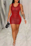 Красное модное сексуальное однотонное платье с блестками и круглым вырезом в стиле пэчворк