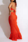 Мандариновое красное сексуальное однотонное лоскутное платье-русалка с лямкой на шее и бретельками
