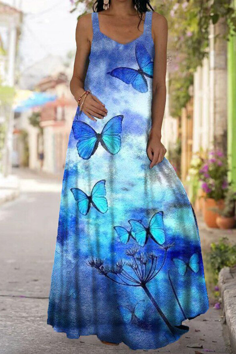 

Sky Blue Casual Sweet Print Split Joint U Neck Straight Dresses