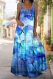 Diepblauwe casual zoete print patchwork rechte jurken met U-hals