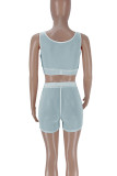 Light Blue Sexy Solid Patchwork See-through U Neck Sleeveless Two Pieces