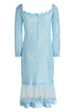 ライトブルーのセクシーなパッチワーク刺繍バックレスオフショルダーロングスリーブドレス