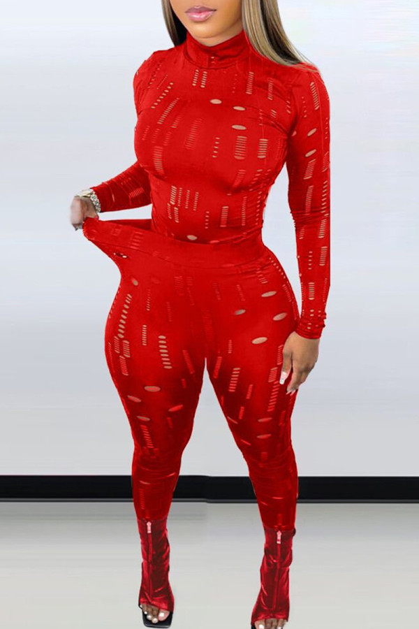 Red Fashion Sexy Solid Ripped See-Through Rollkragen Langarm Zweiteiler