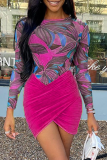 Rose Red Sexy Print Patchwork O Neck Long Sleeve Two Pieces