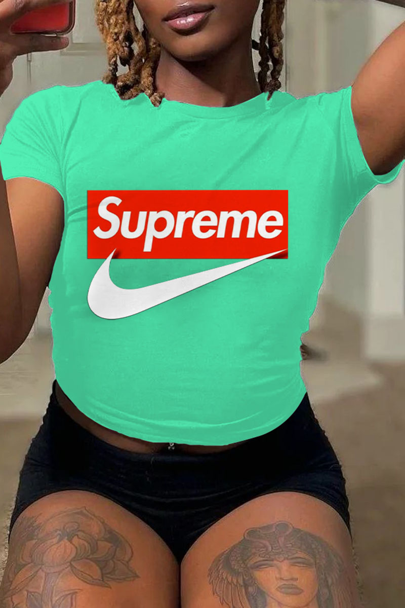 

Apple Green Fashion Sportswear Print Letter O Neck T-Shirts