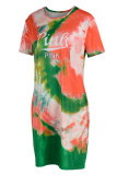 Lila Mode Lässig Brief Drucken Tie-Dye O-Ausschnitt Kurzarm Kleid Kleider