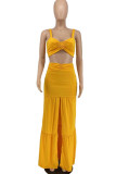 Yellow Sexy Solid Patchwork Spaghetti Strap Sleeveless Two Pieces