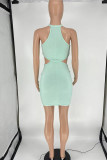 Light Green Hollowed Out Patchwork O Neck One Step Skirt Dresses
