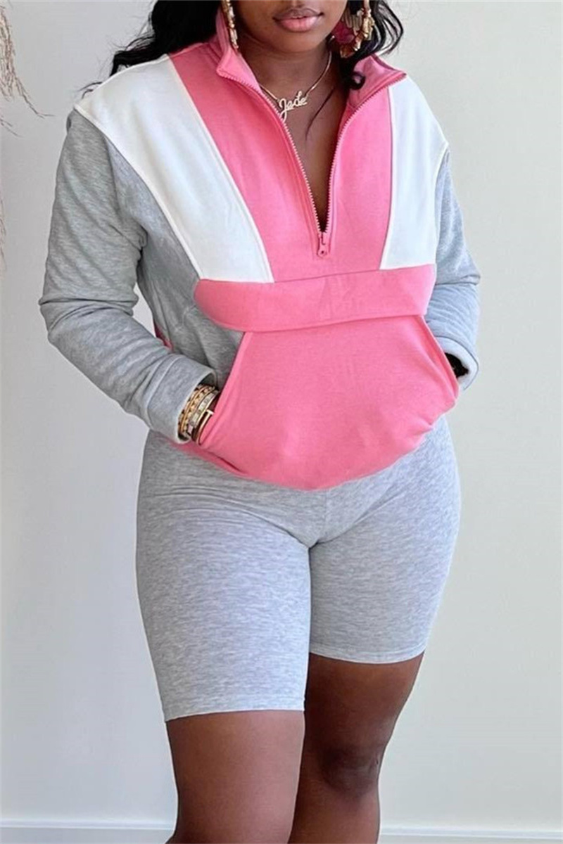 

Grey Fashion Casual Solid Split Joint Zipper Collar Long Sleeve Two Pieces