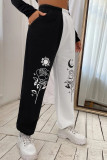 Pantalones moda casual patchwork estampado regular cintura alta negro blanco