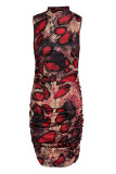 Red Fashion Casual Print Basic Half A Turtleneck Sleeveless Dress
