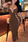 Brown Fashion Sexy Solid Hollowed Out Backless V Neck Sling Dress