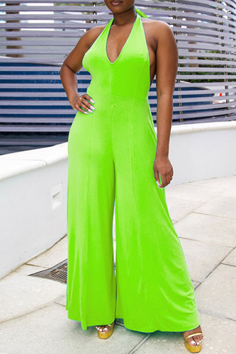 Green Sexy Casual Solid Bandage Backless Halter Regular Jumpsuits