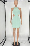 Light Green Hollowed Out Patchwork O Neck One Step Skirt Dresses