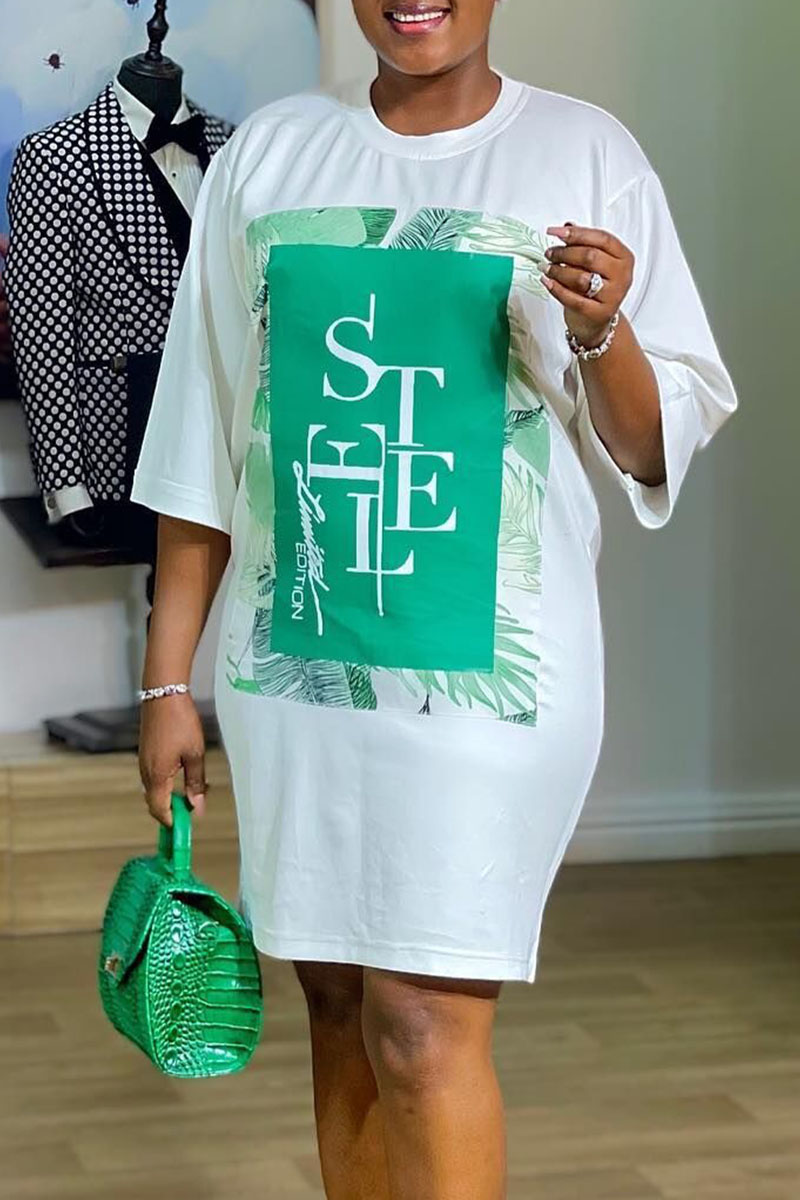 

White Casual Street Print Split Joint O Neck T-shirt Dress Dresses