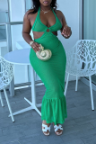 Green Sexy Solid Patchwork Halter Trumpet Mermaid Dresses